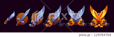 Pirate saber and corsair sword game rank badge, vector piracy award and rating icon. Cartoon old wood shields with crossed pirate sword and sabre, treasure gold coins and black ribbon, game rank badge 129764768