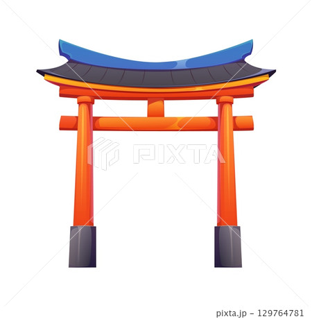 Traditional Japanese torii gate with curved blue and black roofing, vibrant orange columns, and dark stone bases. Cartoon vector cultural symbol marks the entrance to sacred shinto shrines in Japan 129764781