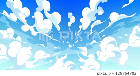 Anime sky clouds background. Cartoon vector bright heaven with dramatic white fluffy clouds radiating outward against a vivid blue backdrop. Dreamy tranquil natural cloudscape, game animation scenery 129764782