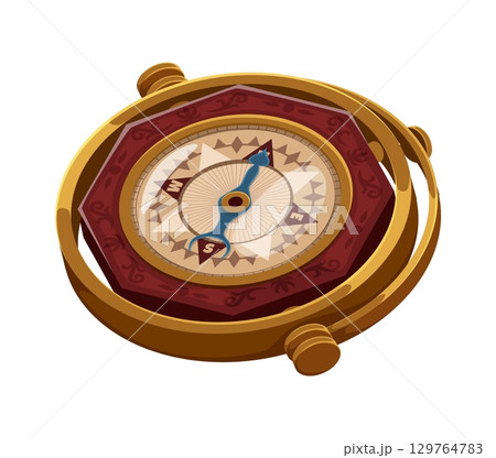 Cartoon sea compass Caribbean pirates or corsairs game icon. Isolated vector ancient navigation item, reveals nautical symbols and wind rose with directions and arrow. Vintage captain travel tool Cartoon sea compass Caribbean pirates or corsairs game icon. Isolated vector ancient navigation item, reveals nautical symbols and wind rose with directions and arrow. Vintage captain travel tool 129764783