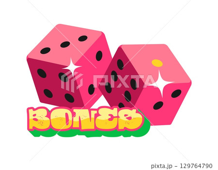 Roll bones or dices casino gamble Y2K groovy sticker. Gambling game retro vector label, casino luck Y2K sticker. Vegas jackpot groovy tag or patch with pink playing dices and golden typography 129764790