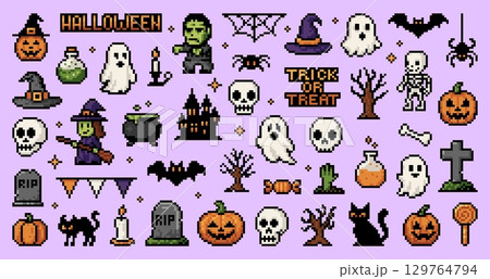 Y2k Halloween 8 bit pixel game icons and stickers set. Vector pixel art Halloween holiday pumpkin, ghost, witch and skull, black cat, bat and spider, scary zombie, skeleton and cemetery tombstone icon Y2k Halloween 8 bit pixel game icons and stickers set. Vector pixel art Halloween holiday pumpkin, ghost, witch and skull, black cat, bat and spider, scary zombie, skeleton and cemetery tombstone icon 129764794