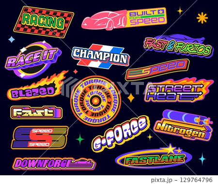 Car race retro y2k groovy stickers, racing sport patch labels with speed autos and flags. Vector speed motor car and wheel tire y2k stickers pack with groovy fire flames and stars, racing sport labels Car race retro y2k groovy stickers, racing sport patch labels with speed autos and flags. Vector speed motor car and wheel tire y2k stickers pack with groovy fire flames and stars, racing sport labels 129764796