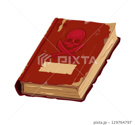 Cartoon old pirate book with a red skull and crossed cutlasses emblem on a worn brown cover. Isolated vector Caribbean pirates or corsairs icon for adventure games, treasure maps, fantasy stories Cartoon old pirate book with a red skull and crossed cutlasses emblem on a worn brown cover. Isolated vector Caribbean pirates or corsairs icon for adventure games, treasure maps, fantasy stories 129764797