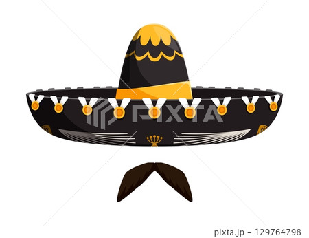 Mexican sombrero or mariachi hat with cartoon mustaches for Mexico fiesta, vector icon. Mexican symbol of traditional sombrero hat with mustaches and Latin ornament for Mexico culture and tradition 129764798