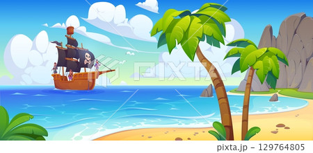 Sail pirate ship in tropical island bay. Cartoon vector fun and adventurous seafaring scene with a corsair boat approaches a tropical beach with palm trees and golden sand, as pirates prepare to dock 129764805