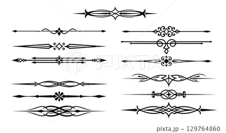 Vintage elegant divider borders, frame separate borders decor lines. Vector set of black ornate decorative symmetrical flourishes, curls, arrows or tribal elements for invitations, certificates, menus 129764860