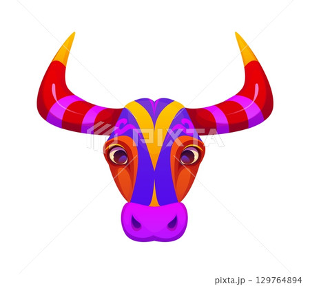 Cartoon bull head, Barranquilla Colombian carnival holiday symbol representing the iconic torito carnival mask, symbolizes festivity, folklore, and afro Caribbean heritage during cultural celebration Cartoon bull head, Barranquilla Colombian carnival holiday symbol representing the iconic torito carnival mask, symbolizes festivity, folklore, and afro Caribbean heritage during cultural celebration 129764894