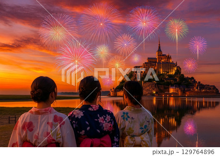 モンサンミッシェルと打ち上げ花火 129764896