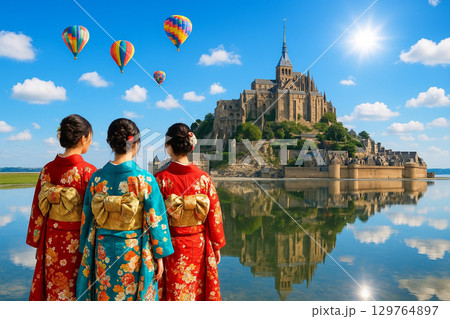 モンサンミッシェルと振り袖姿と熱気球 モンサンミッシェルと振り袖姿と熱気球 129764897