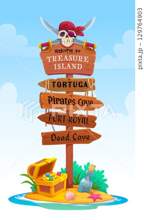 Cartoon wooden pirate signboard, fairytale corsairs signage. Vector signpost with skull and swords atop, pointing to famous locations like Tortuga, dead cave and port royal on tropical treasure island 129764903