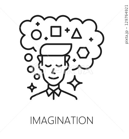 Imagination cognitive ability line icon or emblem. Brain function therapy line vector pictogram, mental capability thin line sign. Cognitive ability symbol with imagining and dreaming man character 129764921