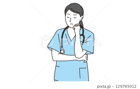 悩む表情の女性医師のイラスト素材 悩む表情の女性医師のイラスト素材 129765012
