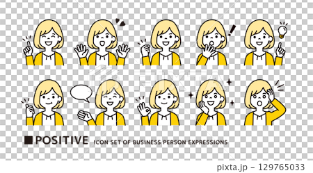 カーディガンを着た若い女性の、ポジティブなポーズのアイコン素材セット＿ベクター 129765033