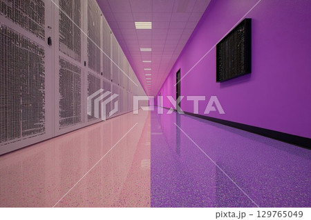紫色データセンター廊下 ピンクテラゾー床と白黒ハード機器 紫色データセンター廊下 ピンクテラゾー床と白黒ハード機器 129765049