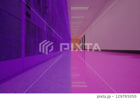 紫とピンクの廊下 ロッカーと白い床のミニマル室内 紫とピンクの廊下 ロッカーと白い床のミニマル室内 129765050