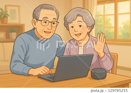 オンライン通話を楽しむ夫婦 オンライン通話を楽しむ夫婦 129765255