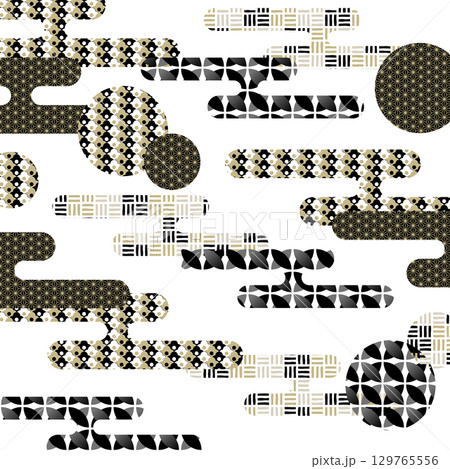 たなびく霞雲のレトロモダンな背景素材 シックな和装飾 黒 129765556