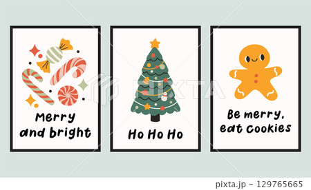 Collection of three simple New Year and Christmas posters. Trendy winter vector poster set with quotes. Hand drawn doodle cozy posters for home decor and interior. 129765665