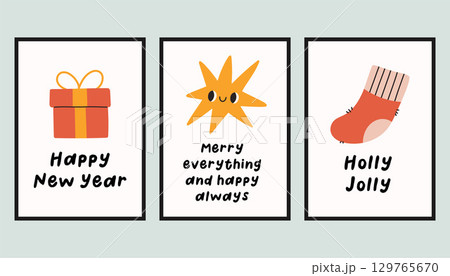 Collection of three simple New Year and Christmas posters. Trendy winter vector poster set with quotes. Hand drawn doodle cozy posters for home decor and interior. Collection of three simple New Year and Christmas posters. Trendy winter vector poster set with quotes. Hand drawn doodle cozy posters for home decor and interior. 129765670