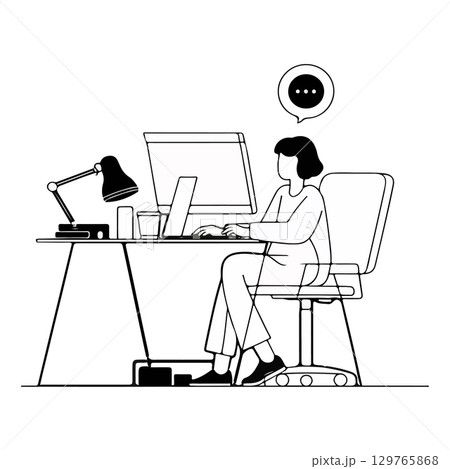 Woman working at desk with computer Woman working at desk with computer 129765868
