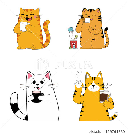 Cartoon Cats Enjoying Coffee 129765880