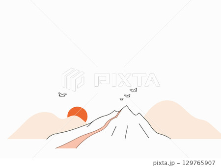 Minimalist Mountain Landscape with Birds and Sun Minimalist Mountain Landscape with Birds and Sun 129765907