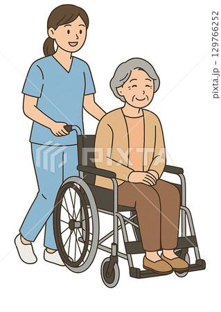 車椅子に乗った高齢者と介護士 車椅子に乗った高齢者と介護士 129766252