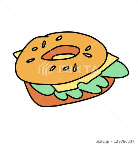 baked delicious doodle style bagel with cheese, herbs and sesame seeds, minimalist sandwich baked delicious doodle style bagel with cheese, herbs and sesame seeds, minimalist sandwich 129766337