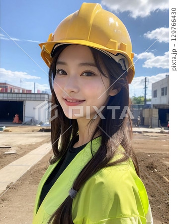 建設現場の前に立つ女性 129766430