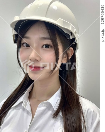 ヘルメットをかぶった女性の笑顔 129766439