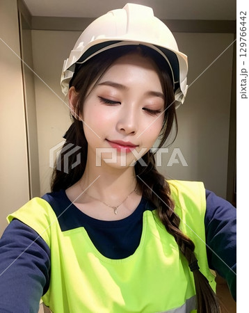 ヘルメットを抱えた女性配達員 129766442