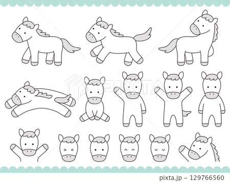 かわいい白馬のベクターイラストセット。干支、十二支、午、うま、アイコン、午年、年賀状 かわいい白馬のベクターイラストセット。干支、十二支、午、うま、アイコン、午年、年賀状 129766560