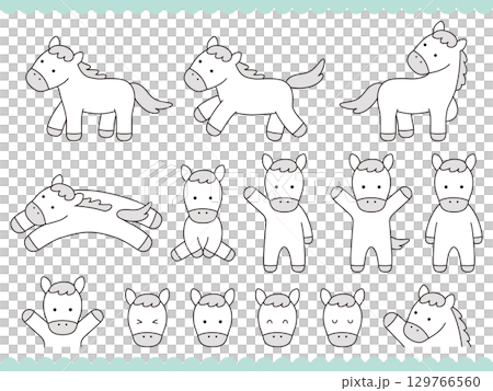 かわいい白馬のベクターイラストセット。干支、十二支、午、うま、アイコン、午年、年賀状 かわいい白馬のベクターイラストセット。干支、十二支、午、うま、アイコン、午年、年賀状 129766560