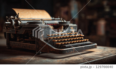 Old typewriter vintage machine blank paper close up metal keys retro style aged nostalgic antique rustic workspace 129766640