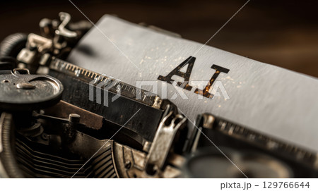 AI text on vintage typewriter close up glowing effect metallic keys retro style creative technology nostalgic mood innovation concept 129766644