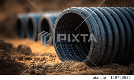 Black corrugated pipe underground installation, construction site, utility infrastructure, durable material, industrial, closeup view 129766650