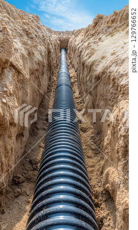 Black corrugated pipe underground in sandy trench utility installation, infrastructure construction clear sky outdoor, durable material 129766652
