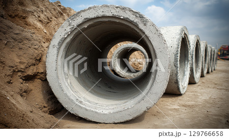 Concrete pipe construction site underground utility sand cylindrical shape outdoor infrastructure durable material industrial engineering 129766658