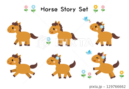 かわいい馬と小鳥のイラストセット 129766662