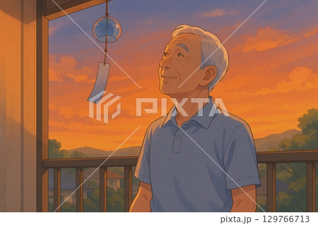 夏の夕暮れに風鈴を眺める 129766713