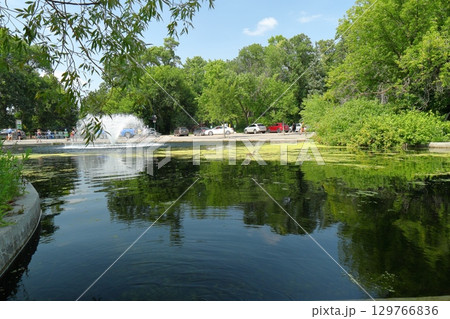 Fountain in city park with reflection 129766836