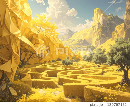 Autumn mountain landscape in Peru with ancient Inca stone architecture and grass ruins on a summer day under a cloudy sky 129767182