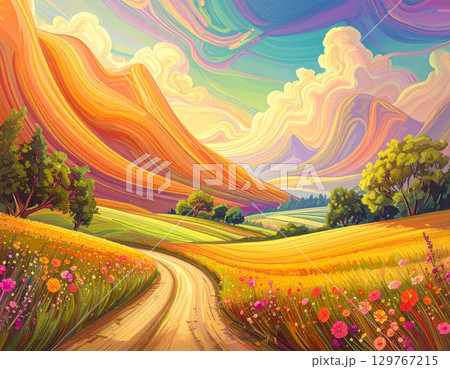Abstract background with a futuristic geometric pattern of colorful lines, curves, and triangles 129767215