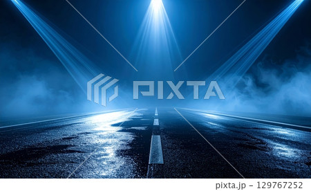 Highway speed motion blur light trails at night under a cloudy sunset sky 129767252