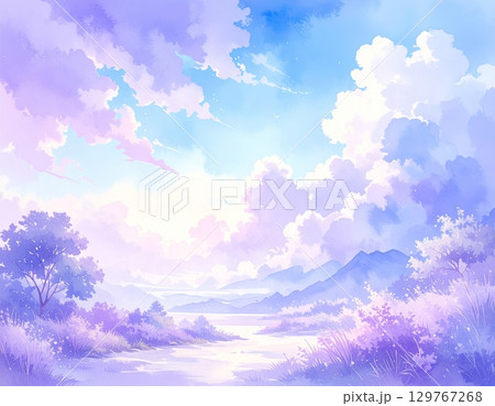 Lavender fields in the Provence mountains at sunset, with rolling hills and a cloudy sky 129767268