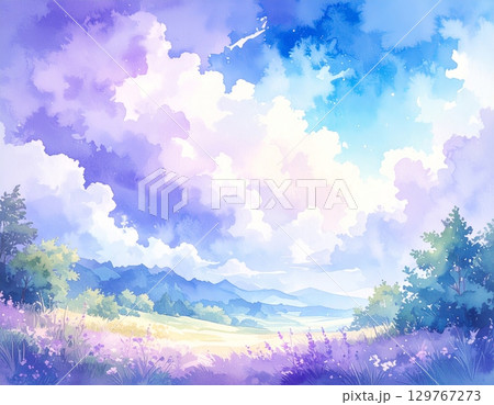 Lavender fields in the Provence mountains at sunset, with rolling hills and a cloudy sky 129767273