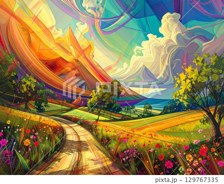 Abstract artistic watercolor texture background with bright, colorful paint splashes and a seamless geometric pattern 129767335