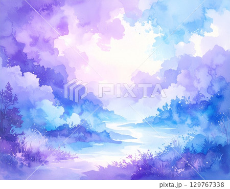 Abstract watercolor background of a blue sky with soft, beautiful clouds 129767338