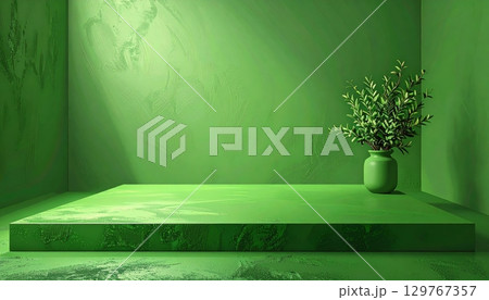 Green leaf frame design on a decorative wallpaper in a nature-inspired room 129767357